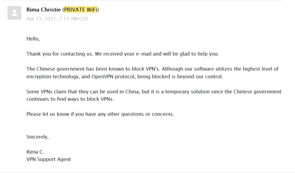 Does Private WiFi Work in China? No